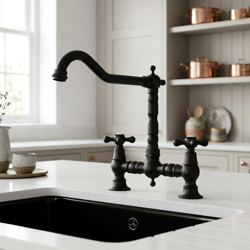 Aquanello Heritage Ascot Klassieke Keuken Nostalgische Brug Keukenkraan Zwart met Kruishendels BL-0011-HM